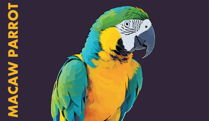 Vector bright macaw parrot 
isolated on a black background. 
Tropical bird of paradise.
Blue and yellow macao ara.