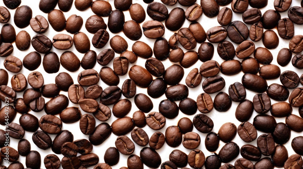 Poster macro image capturing the intricate details of coffee beans and ground coffee on a pristine white ba
