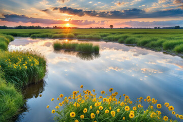 Scenic sunset reflection over green meadow with yellow blooming flower in the foreground - obrazy, fototapety, plakaty