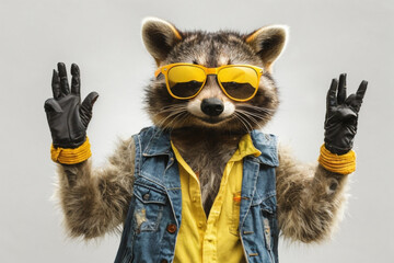 Funny raccoon in yellow sunglasses showing a rock gesture isolated on white background - obrazy, fototapety, plakaty