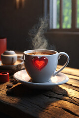 Traditional Coffee Cup With Heart-Shaped Steam On Rustic Wood