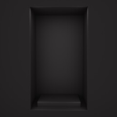 Black white modern minimal background. 3d render. Promotion mockup display. Niche showcase podium pedestal stand platform stage shelf wall room. Object product. Geometric. Dark. Empty space. Design.