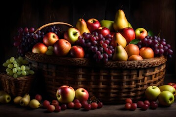 Obraz na płótnie Canvas a hyper-realistic image of a rustic wooden basket filled with a variety of fruits such as apples, pears, and grapes - AI Generative