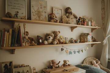 Interior of children's room with a bookshelf and teddy bears