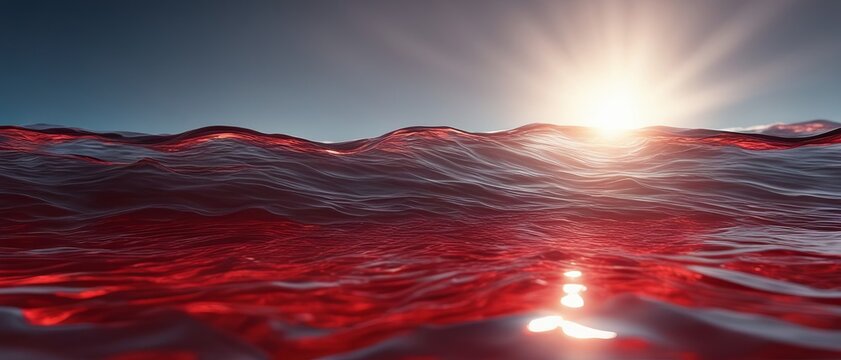 Blue sky and sea with sunlight streaming through the red water