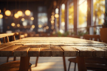 Vintage Coffee Shop Ambiance: Empty Old Wood Tabletop with Blurred Bokeh Cafe Interior Background, Perfect for Displaying and Montaging Your Products.