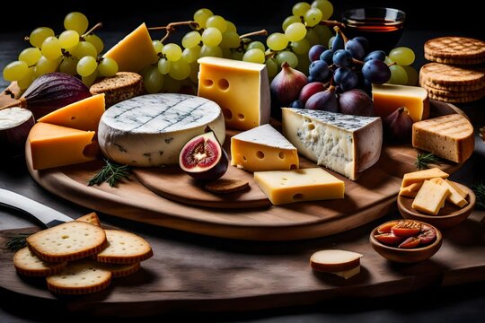 a mouthwatering image of a gourmet cheese platter with a variety of cheeses, grapes, figs, and artisanal crackers - AI Generative