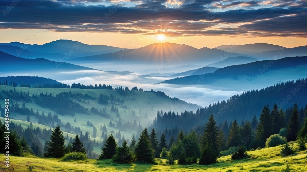 Poster image capturing the dynamic interplay of rain and sun through the clouds over the lush, fog-covered 
