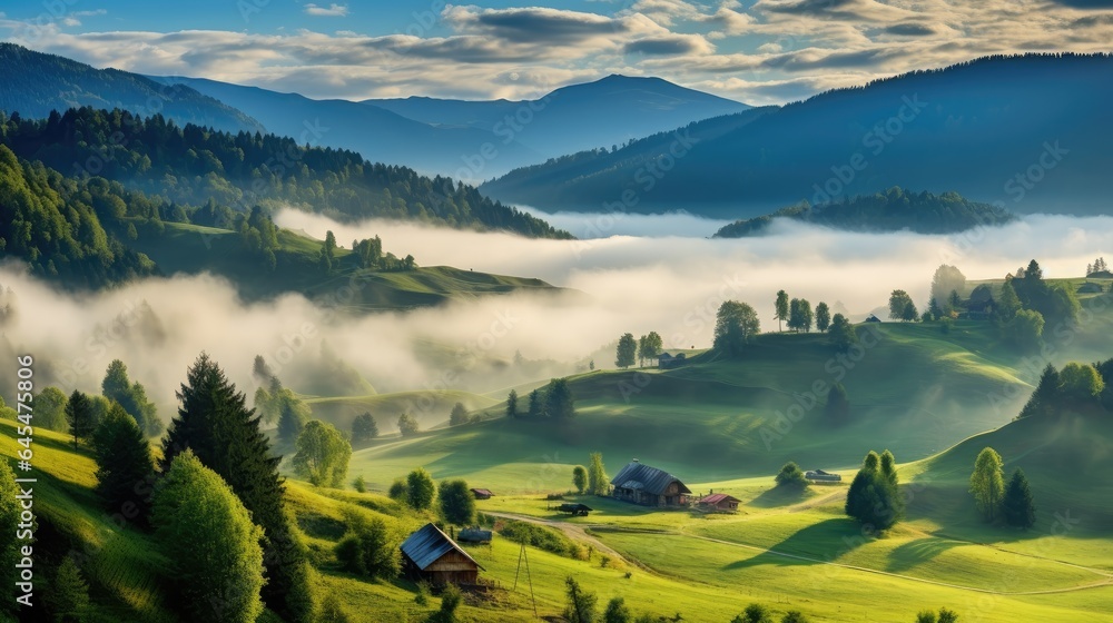 Poster image capturing the dynamic interplay of rain and sun through the clouds over the lush, fog-covered 