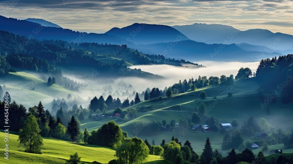 Poster image capturing the dynamic interplay of rain and sun through the clouds over the lush, fog-covered 