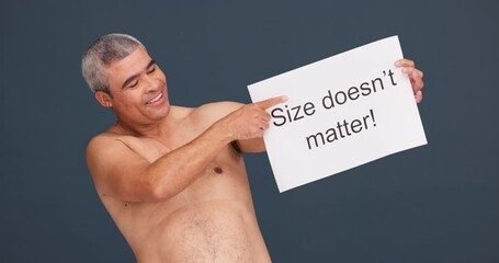 Promotion, self love and pride with man and poster in studio for wellness, confidence and acceptance. Health, body positivity and message with portrait of person on dark background for empowerment