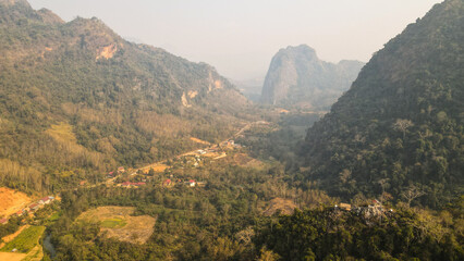 Fototapeta na wymiar The aerial view of Nong Khiaw in Northern Laos