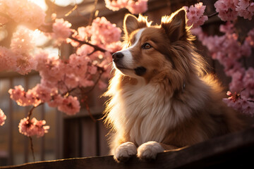 Cute dog sitting next to a cherry tree in sunlight. Under the glow of the warm sun beautiful serene dog watches cherry blossoms in perfect harmony with the environment.