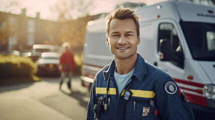 Portrait of male EMS Paramedic Proudly Standing in Front of Camera in High Visibility Medical Uniform. Successful Emergency Medical Technician or Doctor at Work.