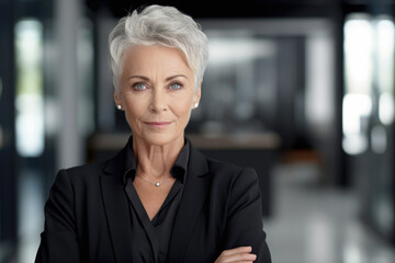 Confident Corporate Leader: Closeup Portrait of a Confident Old Woman in a Corporate Setting.