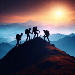 Illustration: Silhouettes of hikers helping each other climb to the top, concept of helping each other, teamwork. Generative AI