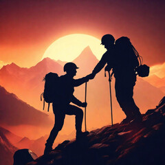 Obraz premium Illustration: Silhouettes of hikers helping each other climb to the top, concept of helping each other, teamwork. Generative AI