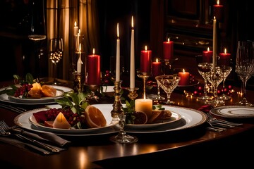 a romantic scene of a candlelit dinner table set with fine china, crystal glasses, and a bottle of wine - AI Generative