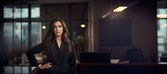 Fototapeta na wymiar Portrait of an Ambitious Pakistani Business Woman Leader in a Corporate Setting with space to text. copy space. Confident Indian Corporate Executive: Leading with Determination, Vision, Confidence