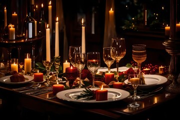a romantic scene of a candlelit dinner table set with fine china, crystal glasses, and a bottle of wine - AI Generative