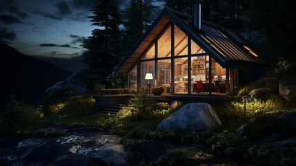 Design house evening modern summer forest home exterior luxury architecture night building wooden