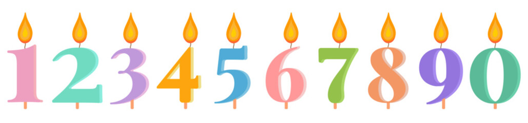 A set of colored number candles with flames for birthday and anniversary cakes, vector. Decoration for the New Year.