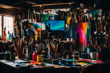 a scene inside an artist's studio filled with brushes, palettes, and tubes of paint - AI Generative