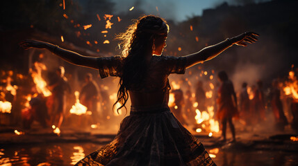 Witches dance a ritual dance with fire at night 