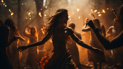 Witches dance a ritual dance with fire at night 