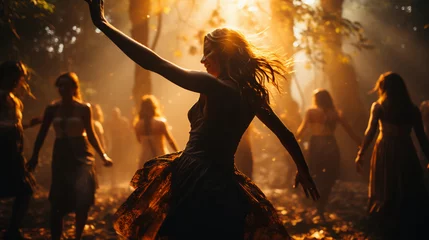 Gordijnen Witches dance a ritual dance in the forest © vladzelinski