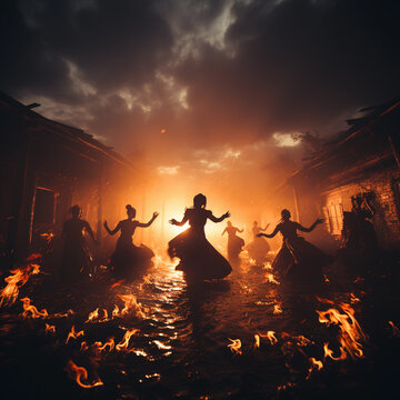 Witches dance a ritual dance with fire at night 