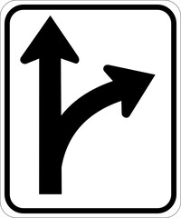 Vector graphic of a usa Through and Turn Right highway sign. It consists of an upward pointing arrow and an arrow curved to the right contained in a white rectangle