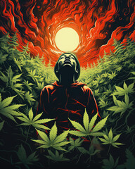 Man with cannabis leafs on the background of the rising sun