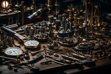 an image of a watchmaker's workbench covered in precision tools, intricate watch movements, and magnifying glasses - AI Generative