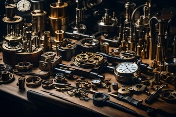 an image of a watchmaker's workbench covered in precision tools, intricate watch movements, and magnifying glasses - AI Generative