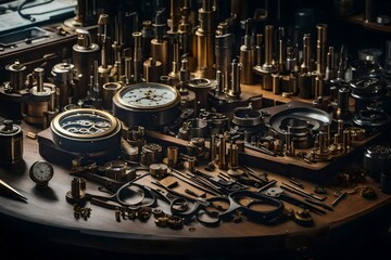 an image of a watchmaker's workbench covered in precision tools, intricate watch movements, and magnifying glasses - AI Generative