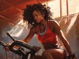 Fototapeta na wymiar Woman on a Stationary Bike in an Indoor Gym