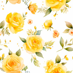 Yellow rose, Seamless watercolor floral patterns, with flowers and foliage. Japanese abstract style. Use for wallpapers, backgrounds, packaging design, or web design