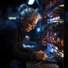 Elderly woman in a data center checking cables and connections