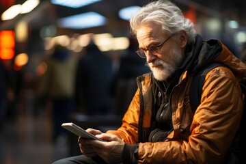 Elderly man reading a book in an airport waiting area captured