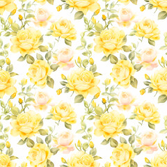 Yellow rose, Seamless watercolor floral patterns, with flowers and foliage. Japanese abstract style. Use for wallpapers, backgrounds, packaging design, or web design