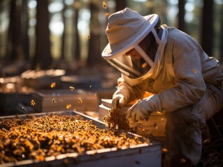 A beekeeper inspecting the first hive of the season