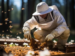 A beekeeper inspecting the first hive of the season