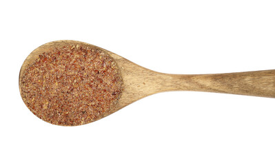 Ground, milled flaxseed, linseed in wooden spoon isolated on white, clipping 