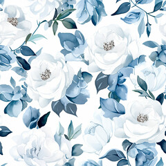 White rose, Seamless watercolor floral patterns, with flowers and foliage. Japanese abstract style. Use for wallpapers, backgrounds, packaging design, or web design