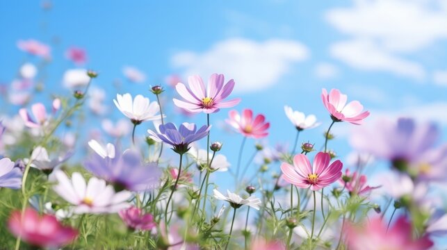 A colorful field of flowers under a clear blue sky