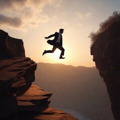 Illustration: Silhouette of a young businessman Jumping over mountains, the concept of rapid growth, moving towards new things. Generative AI