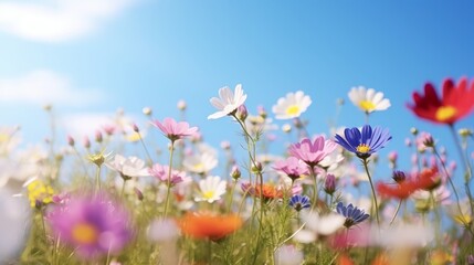 A vibrant field of colorful flowers under a clear blue sky