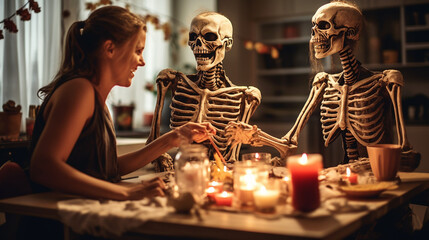 woman celebrating halloween together with two skelleton. sitting at dinner table and having fun. - obrazy, fototapety, plakaty