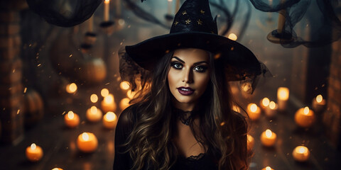 Fototapeta premium portrait of a witch with big black hat in a halloween night.